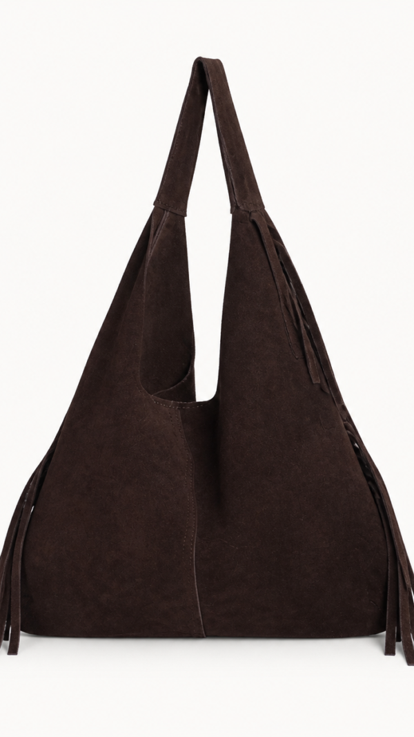 Bolsa Hobo Jara de piel de gamuza color chocolate oscuro con flecos
